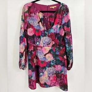Gianni Bini Floral Dress Lined Balloon Sleeves Flirty Tie Front Keyhole medium